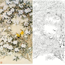 Meticulous painting draft four feet vertical format Wang Qingsheng flower and bird physical print 66*130 with color picture 694T