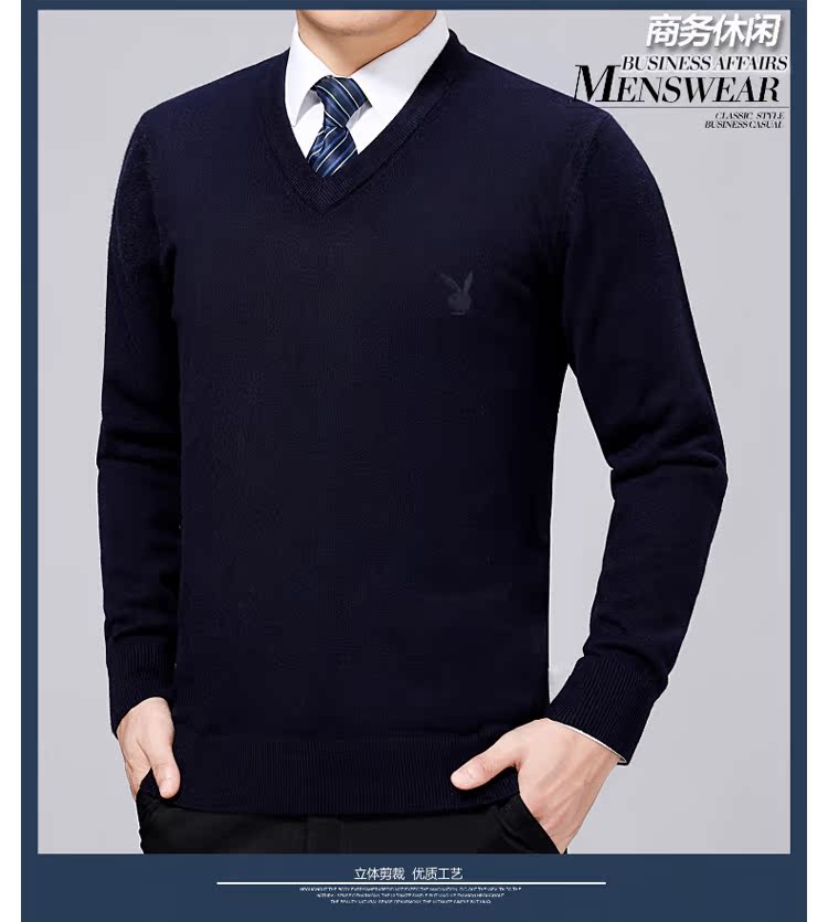 Áo len nam trung niên Playboy Áo len cổ chữ trung niên Bố tải áo len cashmere dày áo len nam quần áo thể thao