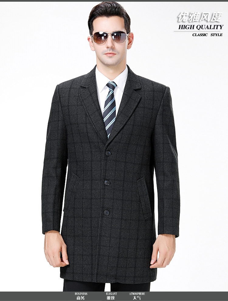 Áo khoác len Playboy chính hãng nam dài phần mùa thu và mùa đông phù hợp với cổ áo kẻ sọc len len cashmere áo khoác jean nam