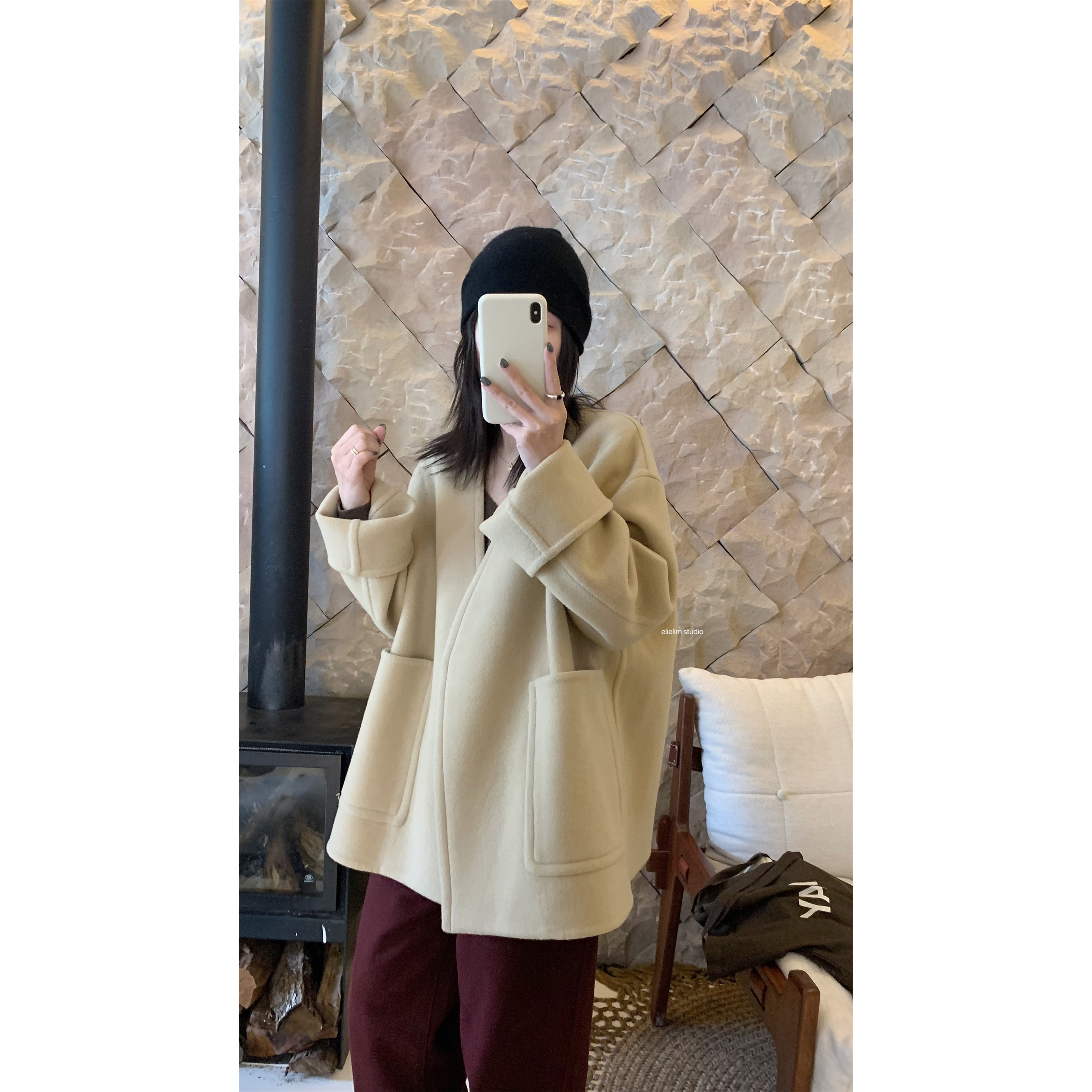 エリリムのナタールコート！ウール100%のダブルフェイスコート。レディース秋冬新作。ハイエンドなノーカラーコート。大きなポケット付き。