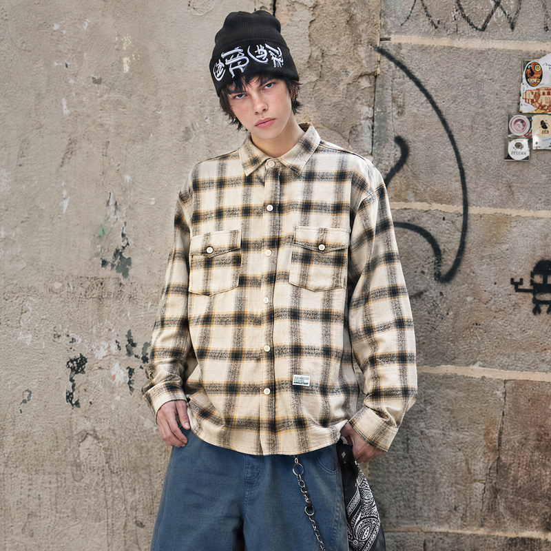 Jungle Tiger American Retro Plaid Shirt with Unique Design, Niche Long-Sleeve Top, Trendy Workwear Embroidered Shirt for Men