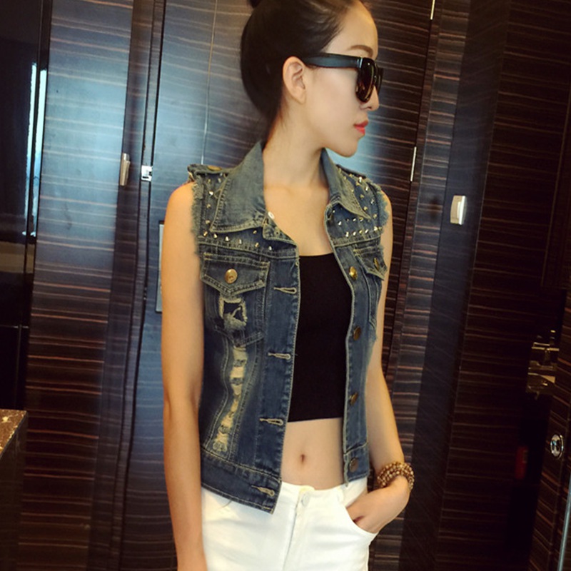 Đặc biệt hàng ngày denim vest nữ mùa xuân và mùa hè hoang dã vest mỏng đinh tán là áo khoác ngắn áo thun mỏng thời trang công sở nữ cao cấp