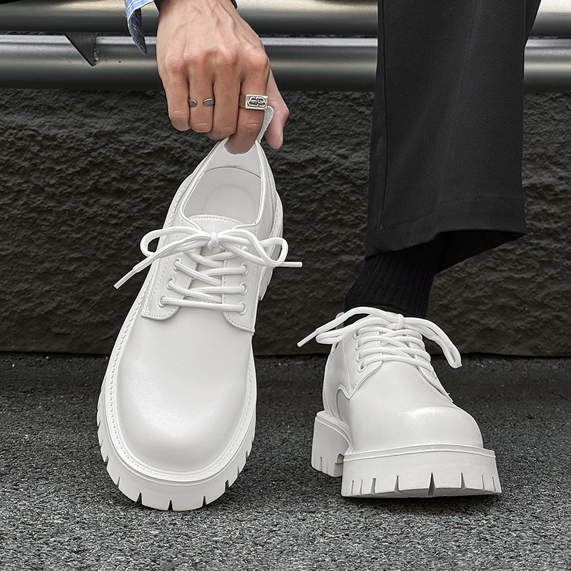 White Derby Shoes for Men, Genuine Leather, Breathable, Thick-Soled, Height-Increasing, Large-Toe Shoes, High-End Mickey British Style Commuting Leather Shoes