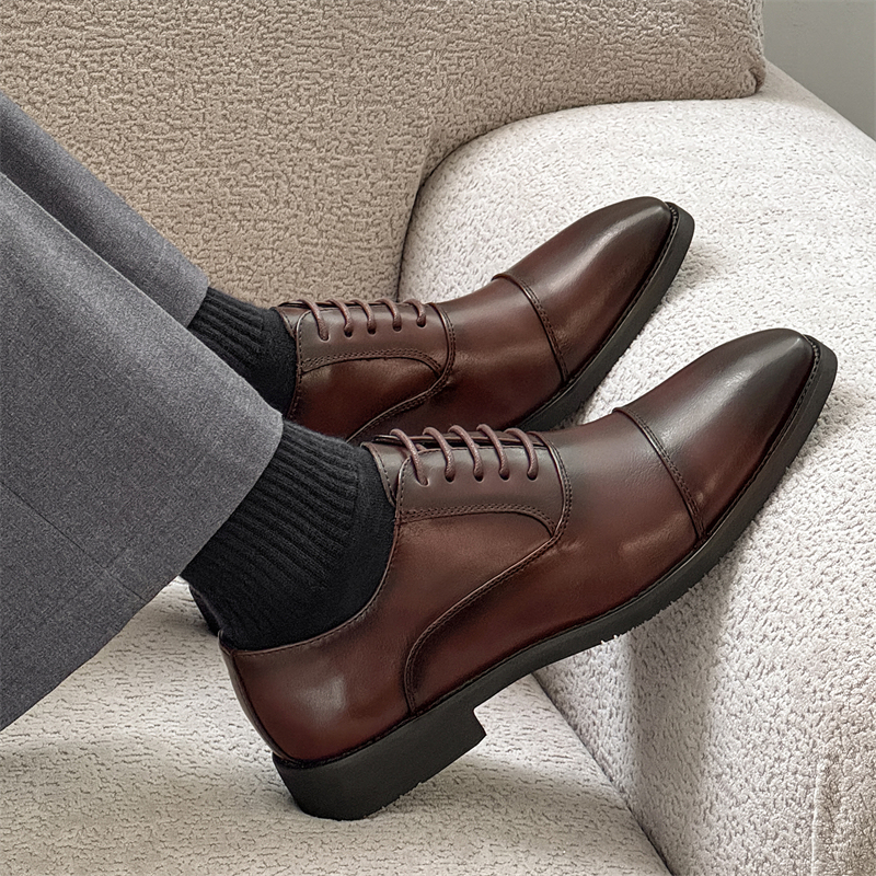 Brown Leather Shoes for Men, Business Formal Wear, Genuine Leather Three-Joint Oxford Shoes, British Style, Height-Increasing, Wedding Groom Shoes