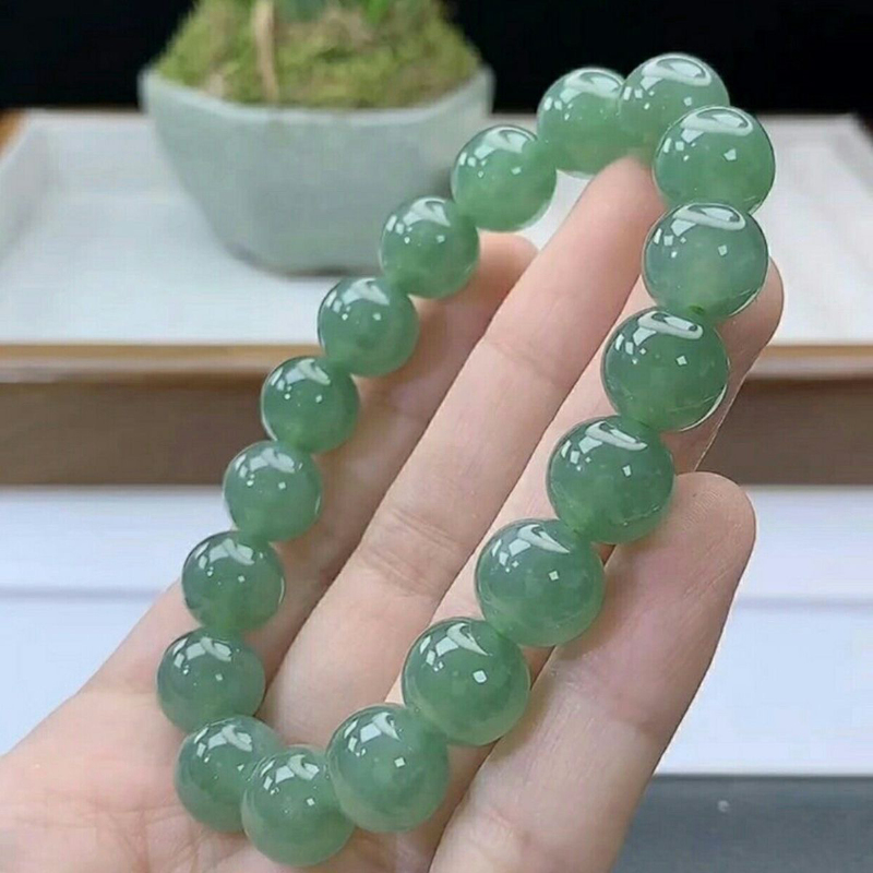Natural Burmese A-Grade Jadeite Old Blue Water Bracelet Round Beads Women's Style Icy and Waxy Old Pit Jade High Ice Type