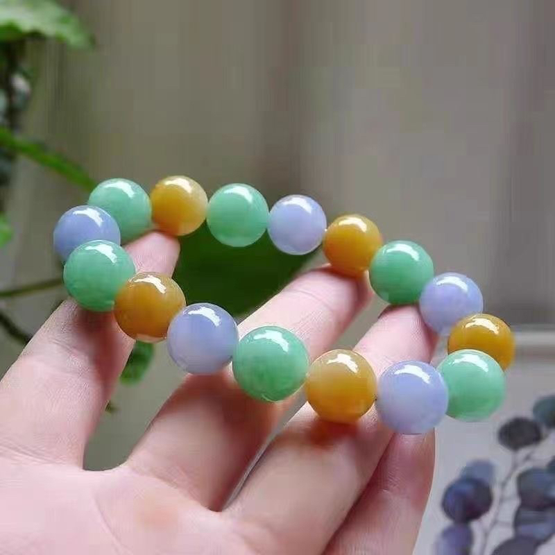Natural Burmese Jade Three-Color Jade Bracelet, Ice-Type Round Beads, Multi-Treasure Full Green Jade Bracelet, Spring Color Unisex Bracelet