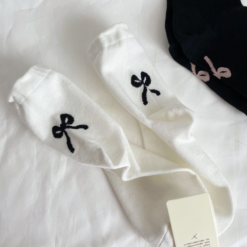 Miu Style Aesthetic Gentle Lady Heel Bow ins Style Korean Girl Mid-Calf Socks Women's Cotton Socks