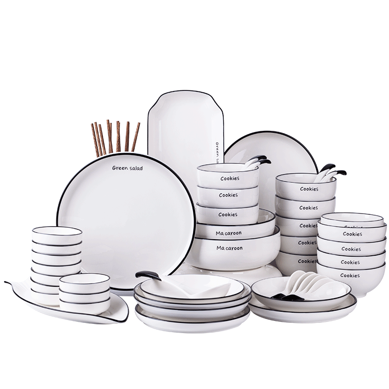 Ins dishes suit household jingdezhen Japanese eat bowl chopsticks combination Nordic tableware ceramic glaze color under the black line