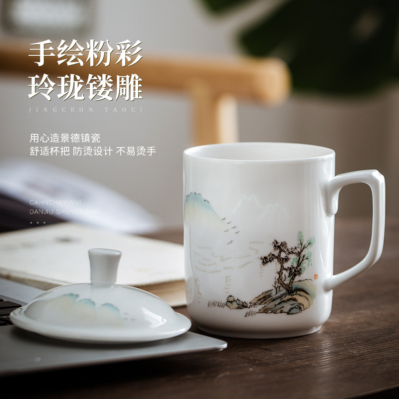 Hand made exquisite office cup of jingdezhen porcelain enamel household with cover glass ceramic cups large tea cups