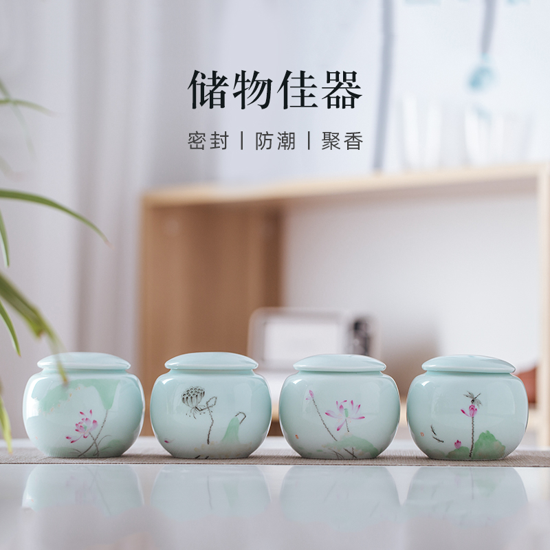 Jingdezhen pure hand - made ceramic seal pot lotus tea pot storage tanks moistureproof pure manual large tea accessories