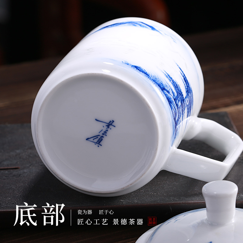 Jingdezhen glaze under the blue and white and exquisite hand - made ceramic cups with cover tea tea cup cup home office