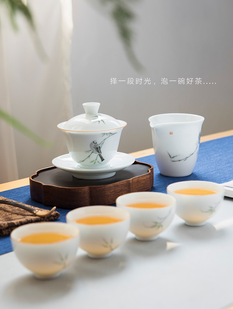 Jingdezhen ceramic kung fu tea set them hand draw three tureen teacup only a single thin body large bowl is not hot