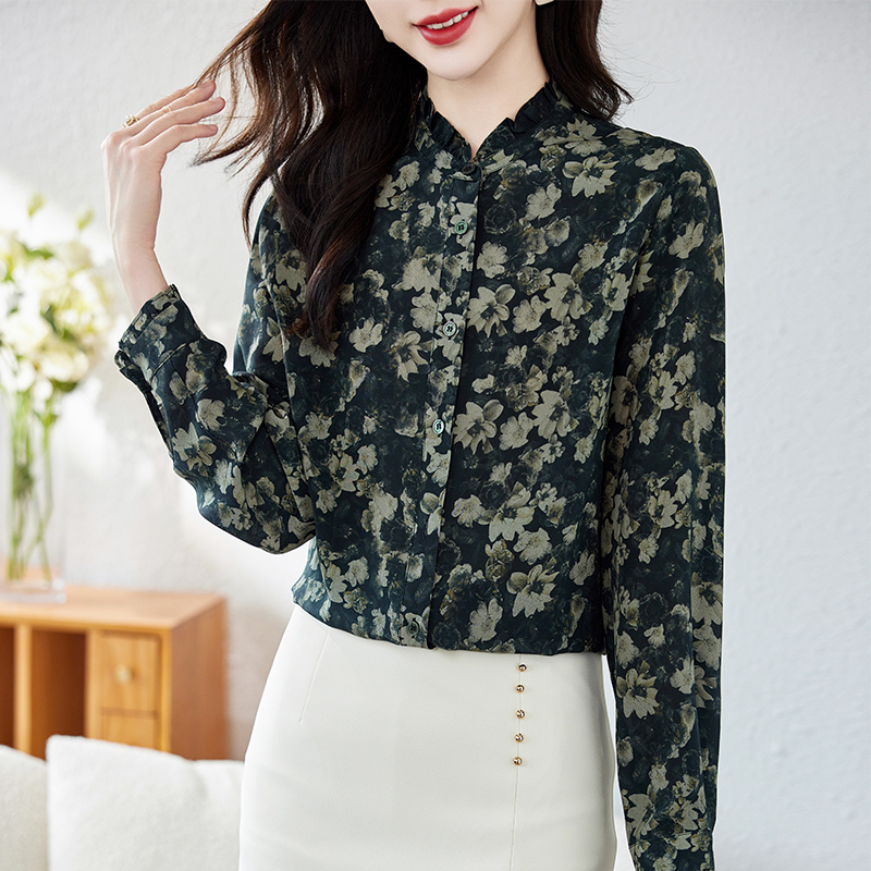 Hangzhou Silk Shirt for Women, Long-Sleeved, 2026 Spring New Style, Printed with Ruffled Edges, High-End Designer, 100% Mulberry Silk Top