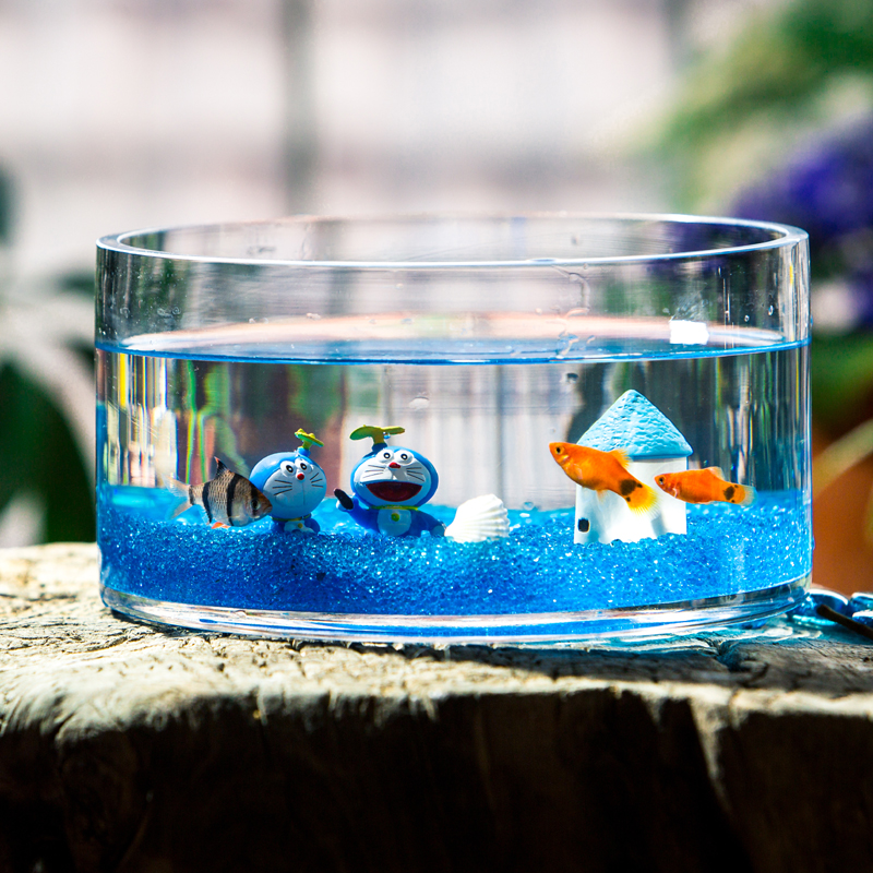 Glass Fish Tank Round Table Hydroponic Lotus Cylinder Turtle