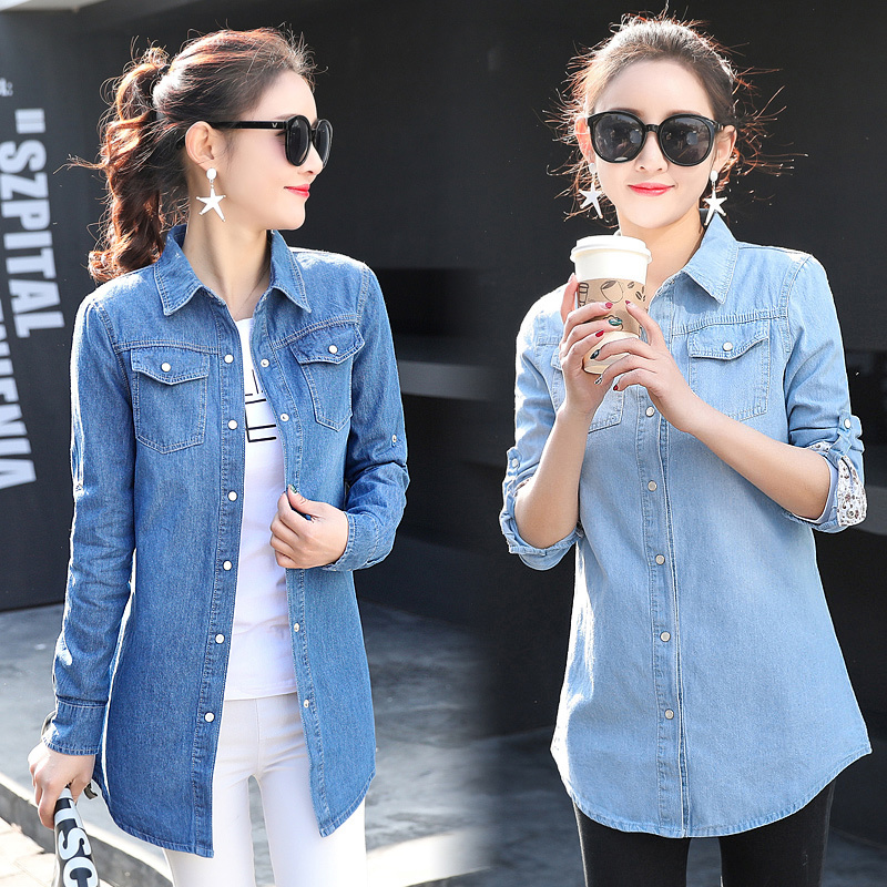 Denim Shirt for Women, Mid-Length, Student Style, Artistic, Spring and Autumn, Loose Fit, Pure Cotton Denim Shirt, Long-Sleeved, Korean Style, Thin Jacket