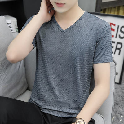 Ice Silk V-neck T-shirt for men, short sleeve in summer, thin ice silk high-end mesh cutout half-sleeve T-shirt, quick-drying trendy top