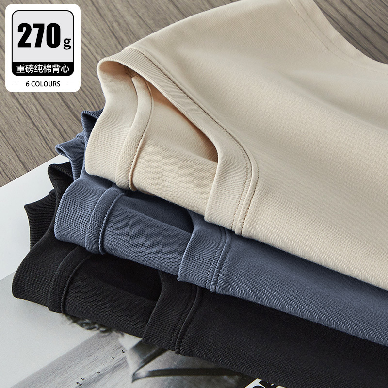 Japanese Style 270g Heavyweight Pure Cotton Tank Top Men's Summer Wide Shoulder Sleeveless T-Shirt Sports Fitness Loose All-Cotton Undershirt