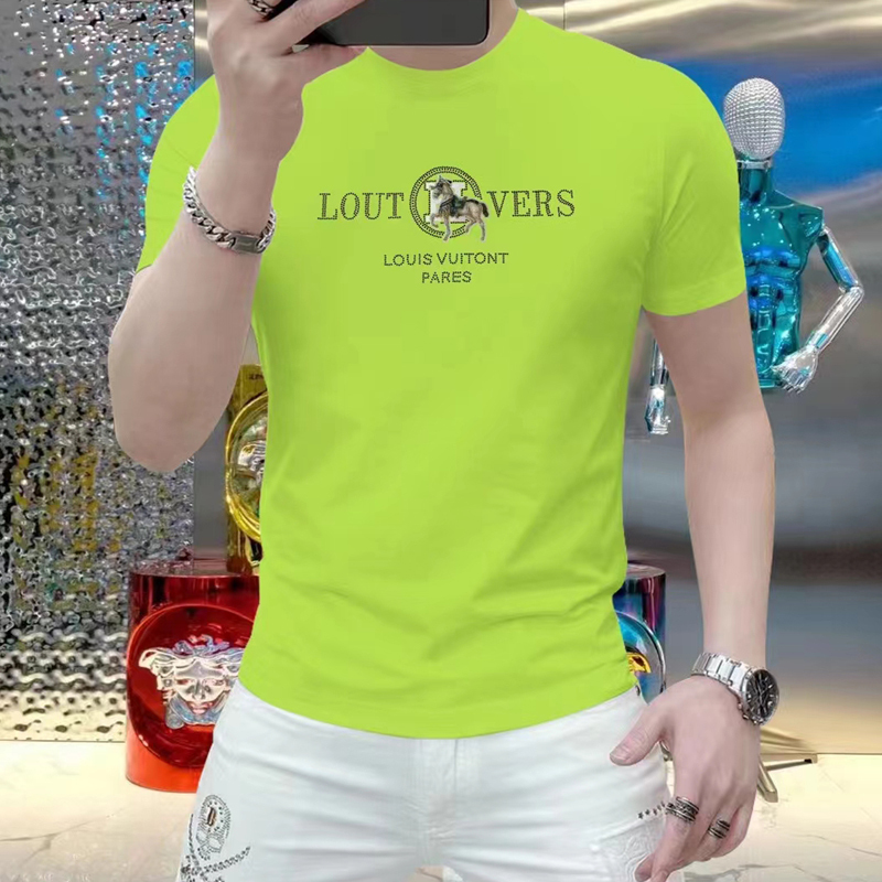 Heavyweight Double Mercerized Cotton High-Quality Men's Rhinestone Round Neck Short-Sleeve Fashionable Cool and Stylish Slim-Fit Cool-Feeling Bright-Colored T-Shirt