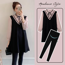 Pregnant women autumn dress fashion 2021 spring and autumn Net red set fresh medium length foreign style top women autumn dress