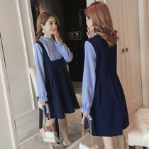 Pregnant women autumn dress 2021 new spring and autumn fake two pieces Korean fashion long sleeve long autumn skirt