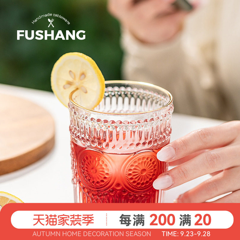 Retro transparent glass water cup women's household drinking water cup wine glass cold water cup thickened heat-resistant embossed cup colorless