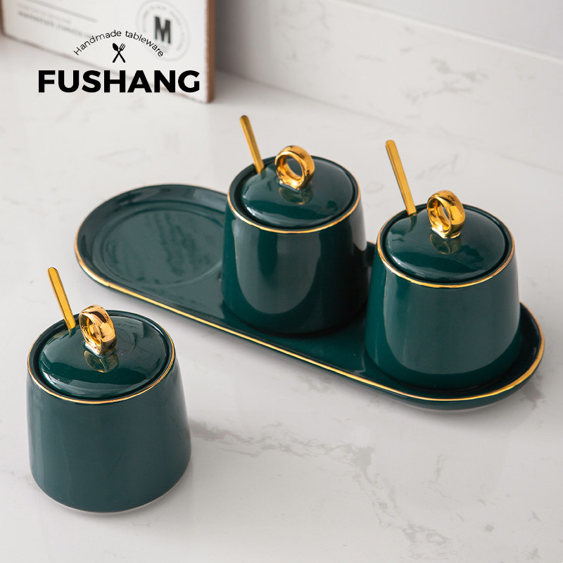 Foshanist light and luxurious seasoning jar suit combined shelve kitchen ceramic home peacock green sauce bottle