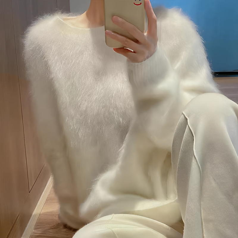 100% Pure Brushed Silk Cashmere Sweater for Women, Fluffy One-Line Ready-To-Wear, Loose and Lazy Knit Sweater