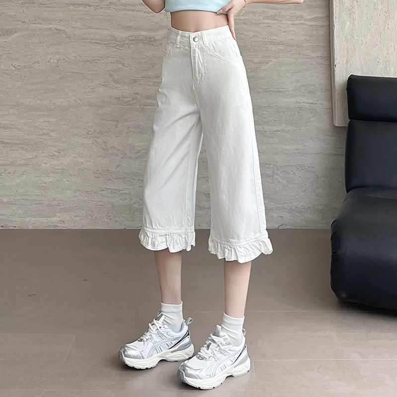 White Denim Summer High-Waisted Cropped Pants Women's Loose Slimming Thin Hot Pants Light Pink Mid-Length Trendy Pants