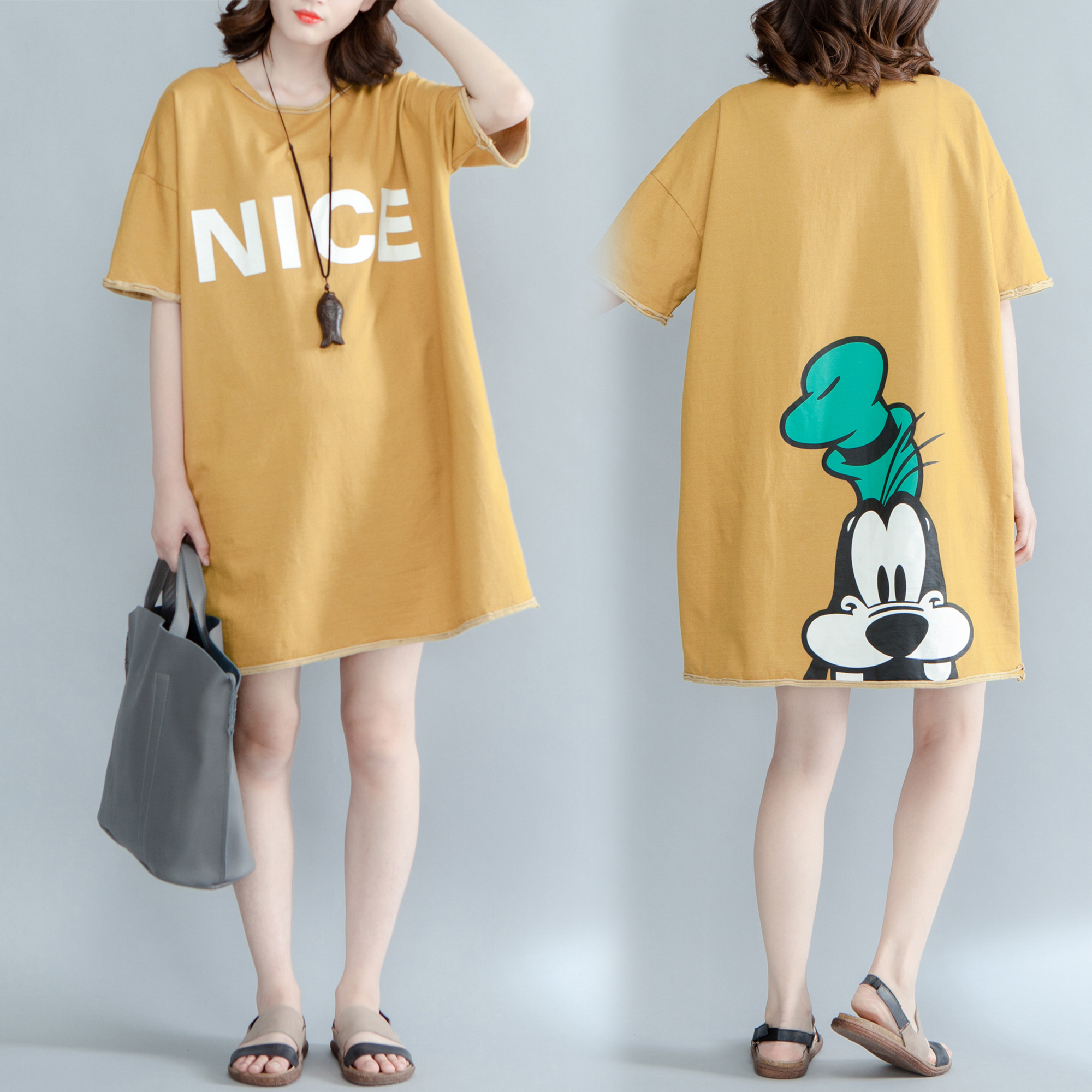 2018春夏季新款胖mm文艺大码宽松显瘦字母卡通印花中款连衣裙