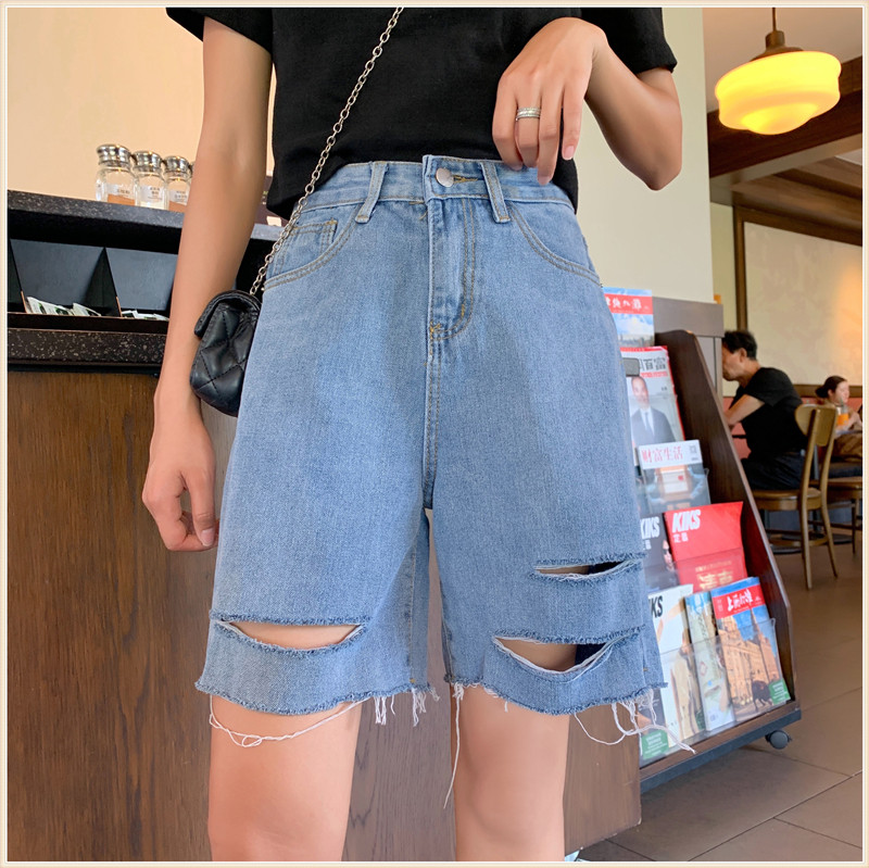 Large size size Fat mm Thermal pants 2022 new Hole Pants Woman Straight Drum Net Red Denim Shorts Female Korean version Student Easing Tide