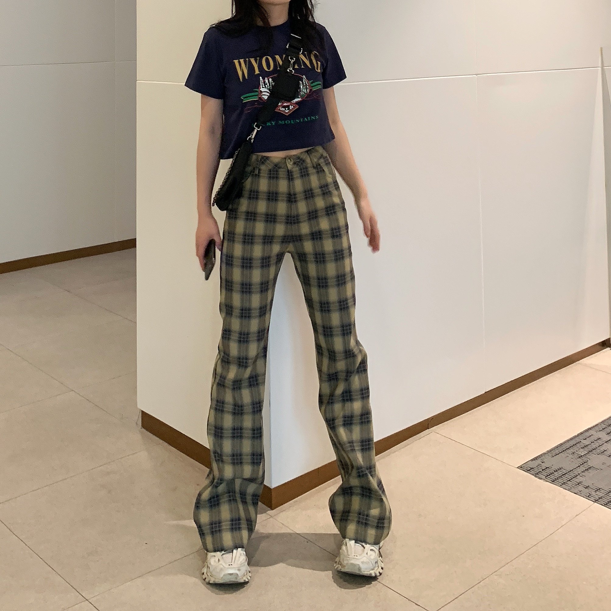 BLACKY2022 early spring women's retro high waist wide pants thin section loose wild straight casual plaid flared pants
