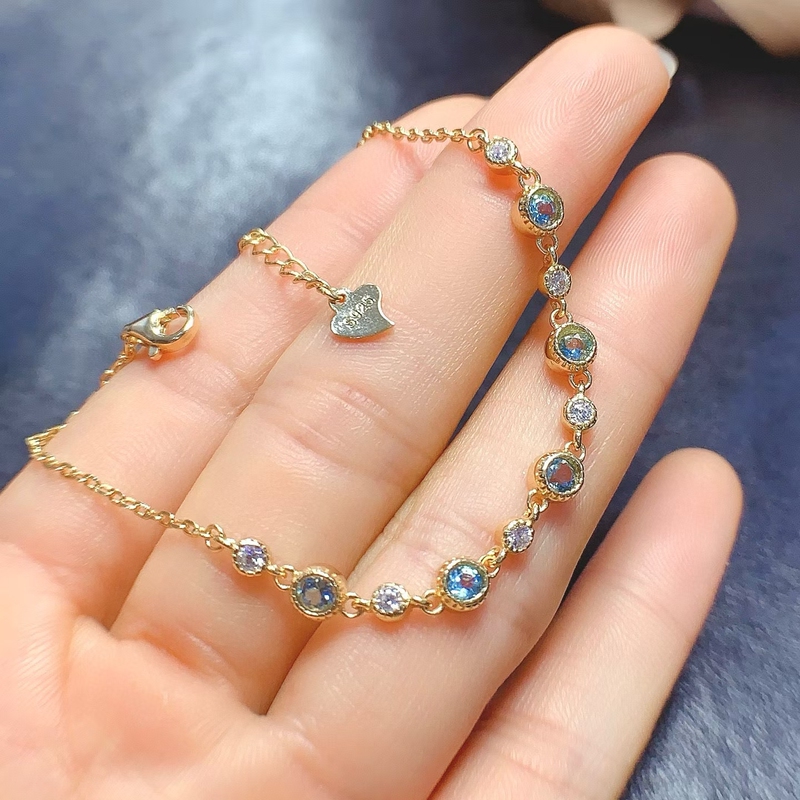 Natural Topaz Bracelet for Women, 925 Sterling Silver Inlaid with Sapphire, Gold-Colored Fresh Style Jewelry, Simple Design, Gift for Girlfriend