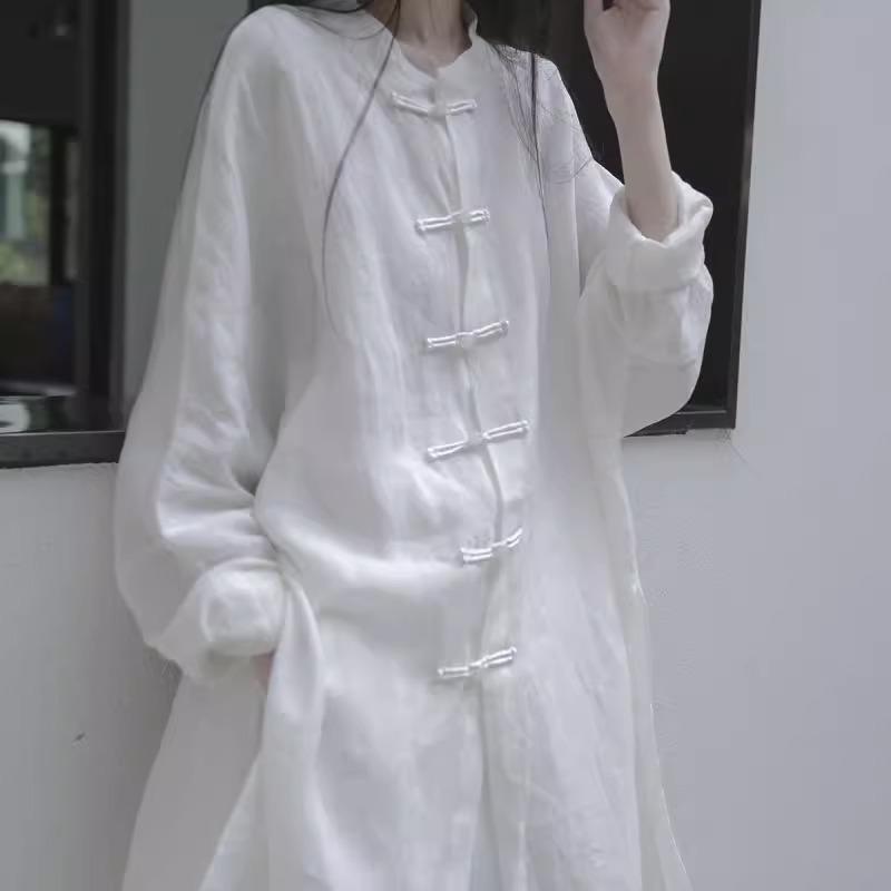 New Chinese-Style National Style Button-Up Loose Shirt Hanfu Zen Meditation Clothing Women's Mid-Length Lazy Style Tea Clothing Top Set Women