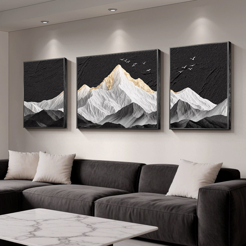 Modern Minimalist Sofa Background Wall Painting with a Mountain Landscape in the Background, High-End Black and White Landscape Triptych