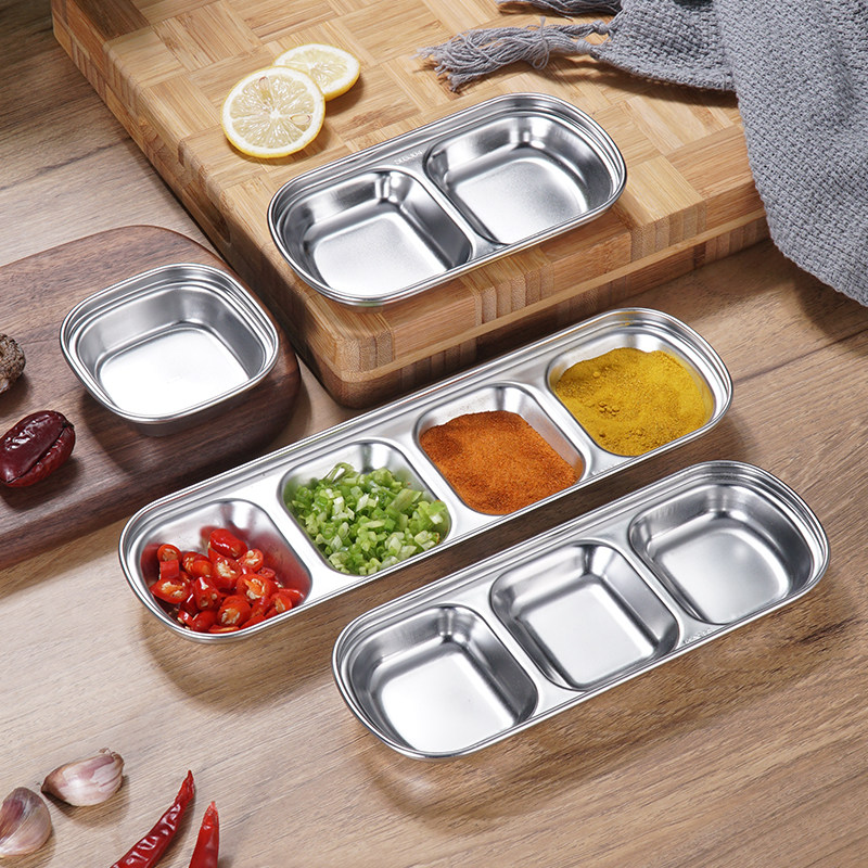 304 stainless steel Korean flavored dish hot pot seasoning dish hotel sauce dish Japanese and Korean flavored dish small plate 2 grids 3 grids