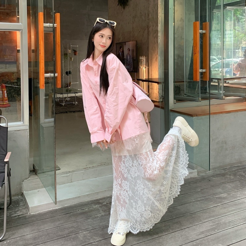 Plus Size Fat mm Slimming Look Loose Versatile Lace Shirt Women's Summer Splicing Long Lace Skirt Two-Piece Suit Plus Size Fat mm Slimming Look Loose Versatile Lace Shirt Women's Summer Splicing Long Lace Skirt Two-Piece Suit