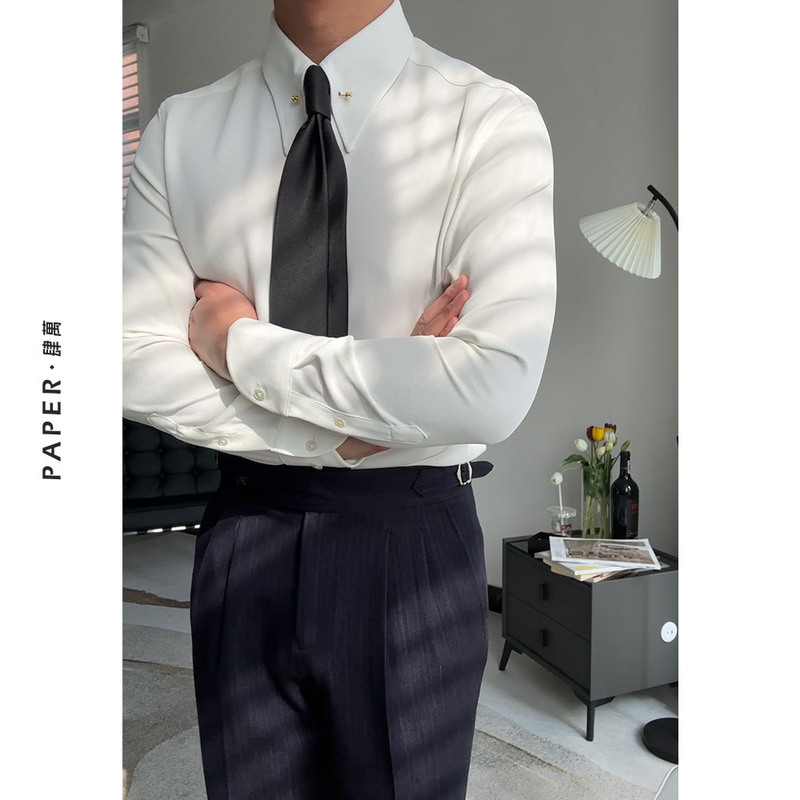 Pure White High-End Imperial Collar Shirt, Italian-Style Gentleman's Clothing, Retro Pinhole Collar, No-Iron Slim-Fit Shirt, Business Formal Wear