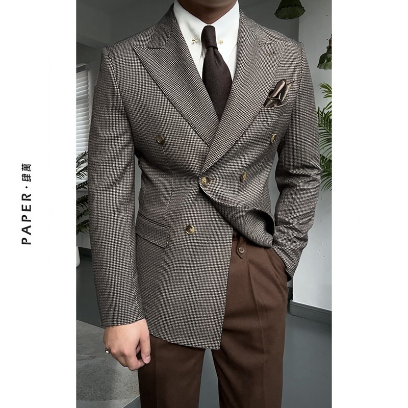 Paper Sihwan Retro Double-Breasted Peaked Lapel Suit Casual Gentleman's Suit Naples Suit Houndstooth Single-Breasted Suit