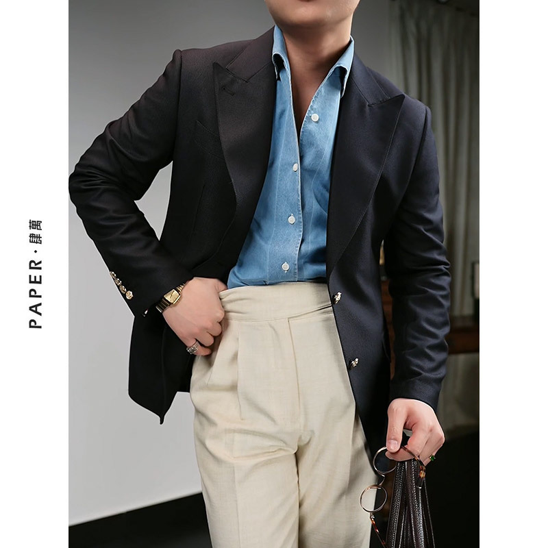 Paper Sihwan Navy Blue Single-Breasted Blazer Suit, Fashionable Business Casual Slim Fit Sailor Suit for Men