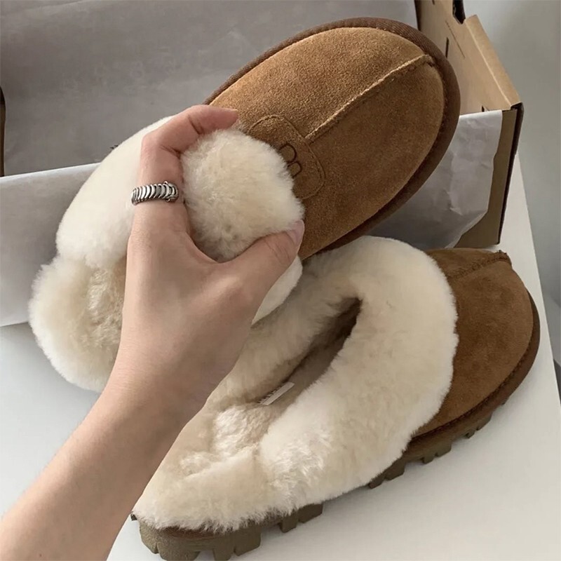 Furry Slippers for Women, Winter Outer Wear, Fur Integrated Wool Slippers, Home Baotou Genuine Leather Snow Boots, Half Slippers for Men