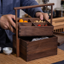 Nine rooms original black walnut single-layer double-layer carrying box portable tea box storage box Wooden tea box basket