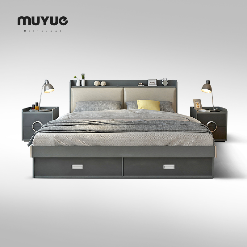 Woodmoon Nordic bed Modern minimalist bed master bedroom furniture set small apartment wedding bed storage high Box storage double bed