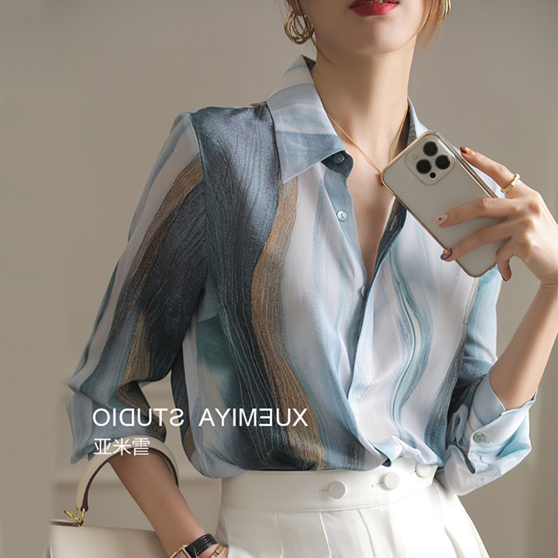 Silk Shirt Women's Top 2026 Spring and Autumn New Gradient Color Printed Long-Sleeved Large Size Elegant Mulberry Silk Shirt for Women Silk Shirt Women's Top 2026 Spring and Autumn New Gradient Color Printed Long-Sleeved Large Size Elegant Mulberry Silk Shirt for Women