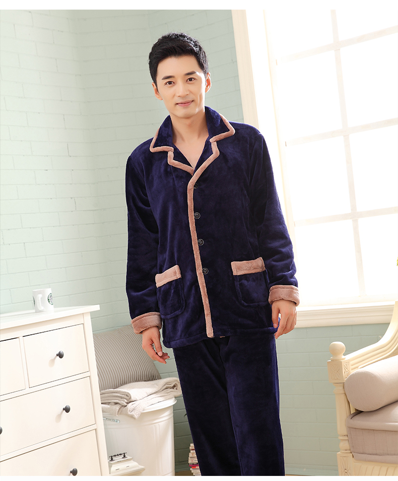 Bộ đồ ngủ nam mùa thu và mùa đông san hô lông cừu phù hợp với mùa đông dày flannel cộng với kích thước phân bón để tăng đàn ông mùa đông bộ mặc nhà