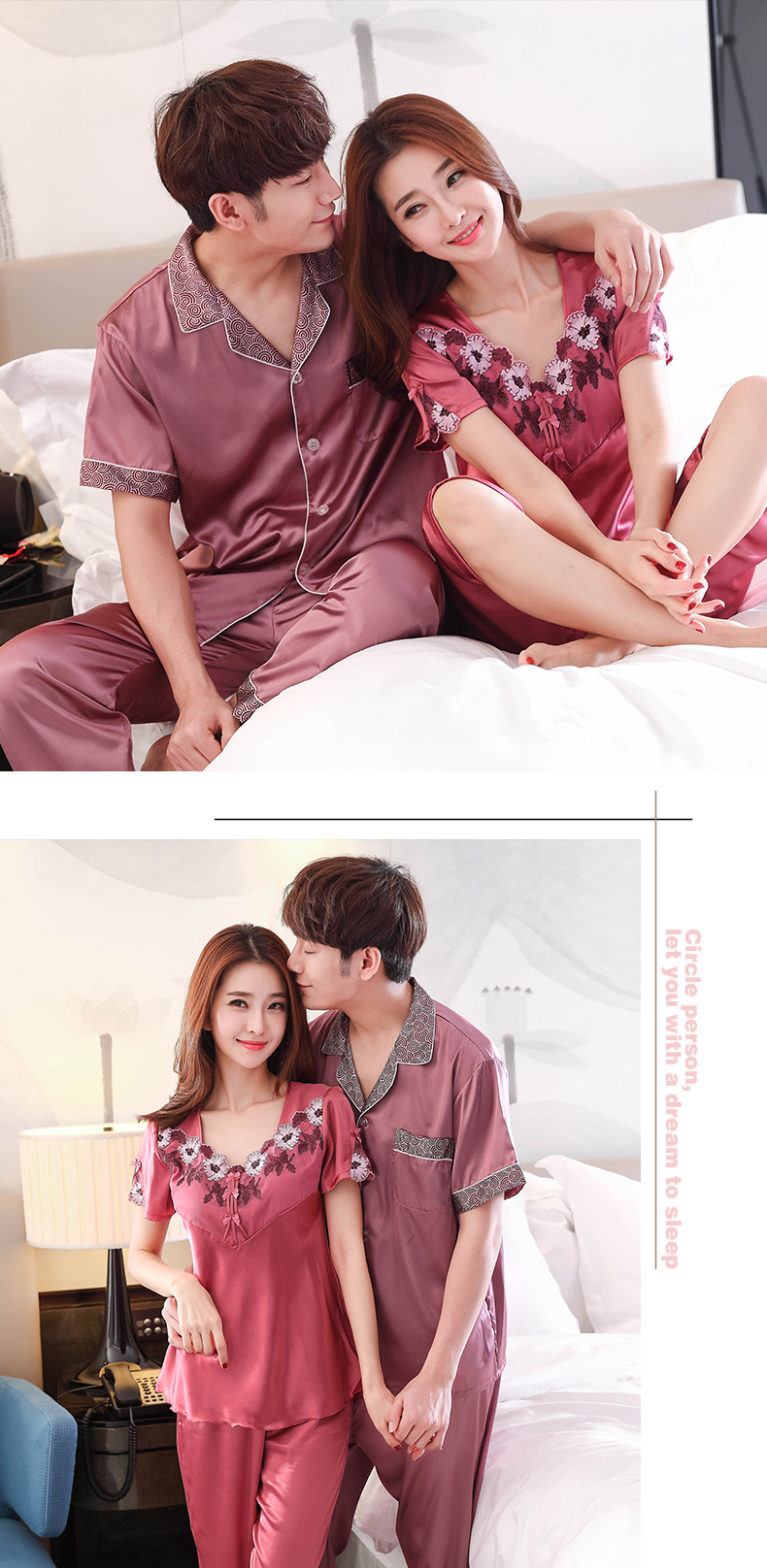 Đắt tiền thêu nam giới và phụ nữ vài bộ đồ ngủ lụa mùa hè ngắn tay lụa ngắn tay phù hợp với hai mảnh nhà dịch vụ đồ bộ kiểu mới