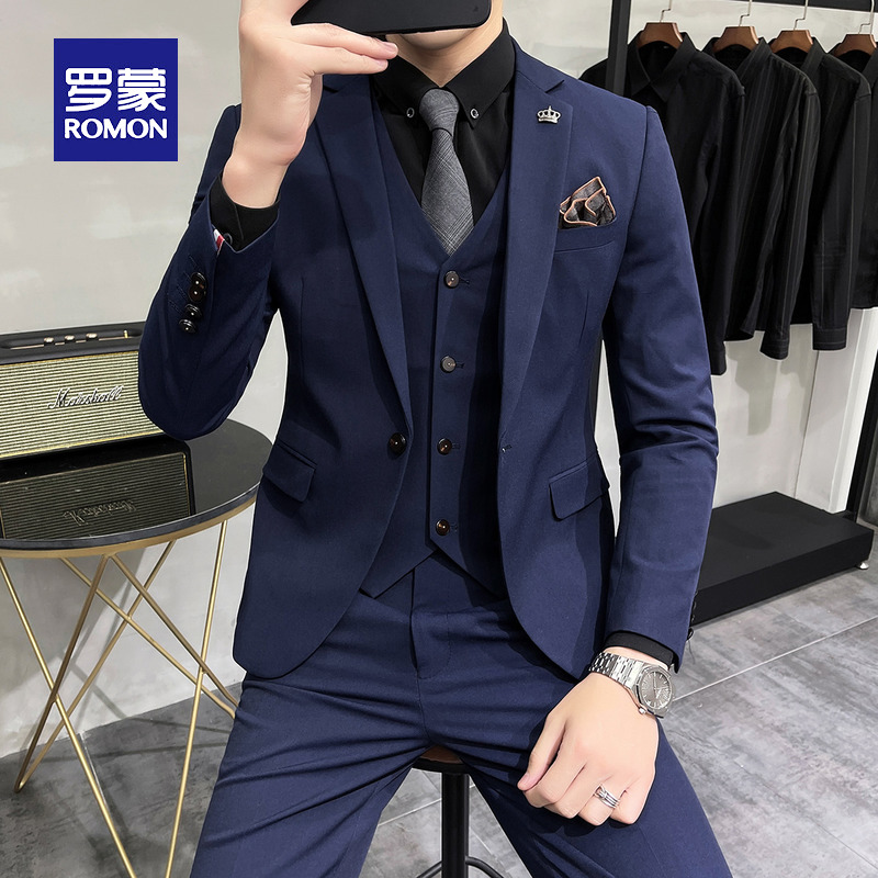 Romon suit suit men's slim professional casual work suit solid color interview suit groom wedding dress