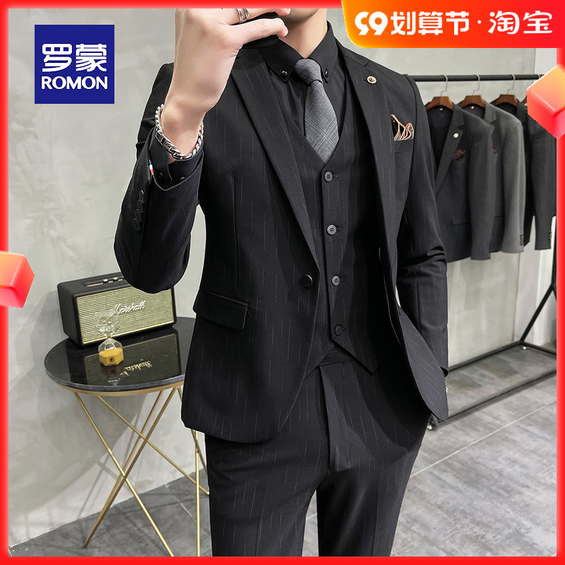 Romon suit suit men's spring striped business casual professional formal suit groom wedding groomsmen clothing