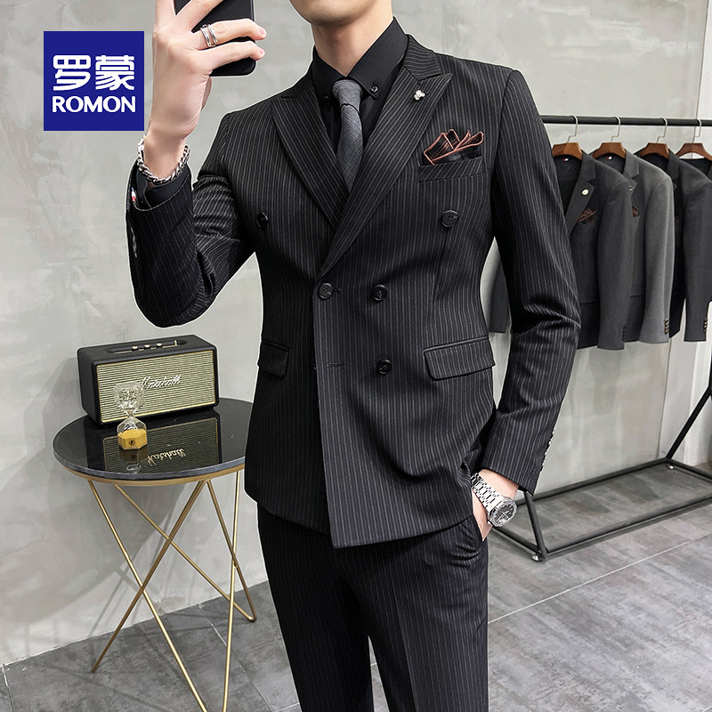Lomon suit men's double-breasted Korean version slim striped suit set business casual groom wedding dress