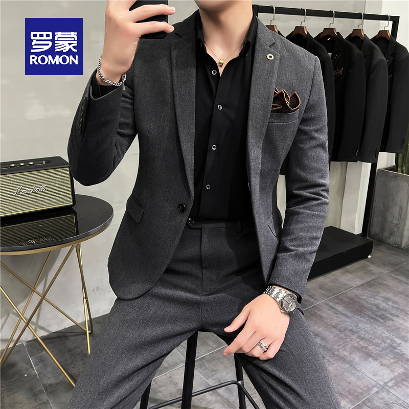 Romon thickened woolen suit suit men's winter new wedding dress groom suit solid color business formal suit