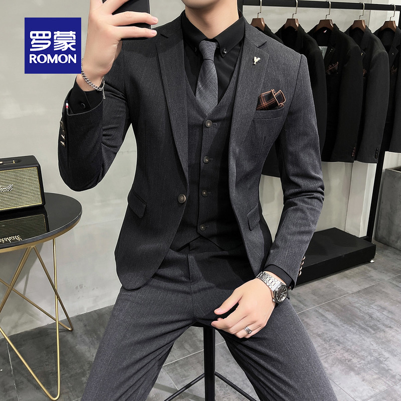 Romon dark striped suit suit men's slim suit three-piece interview work uniform groom wedding dress